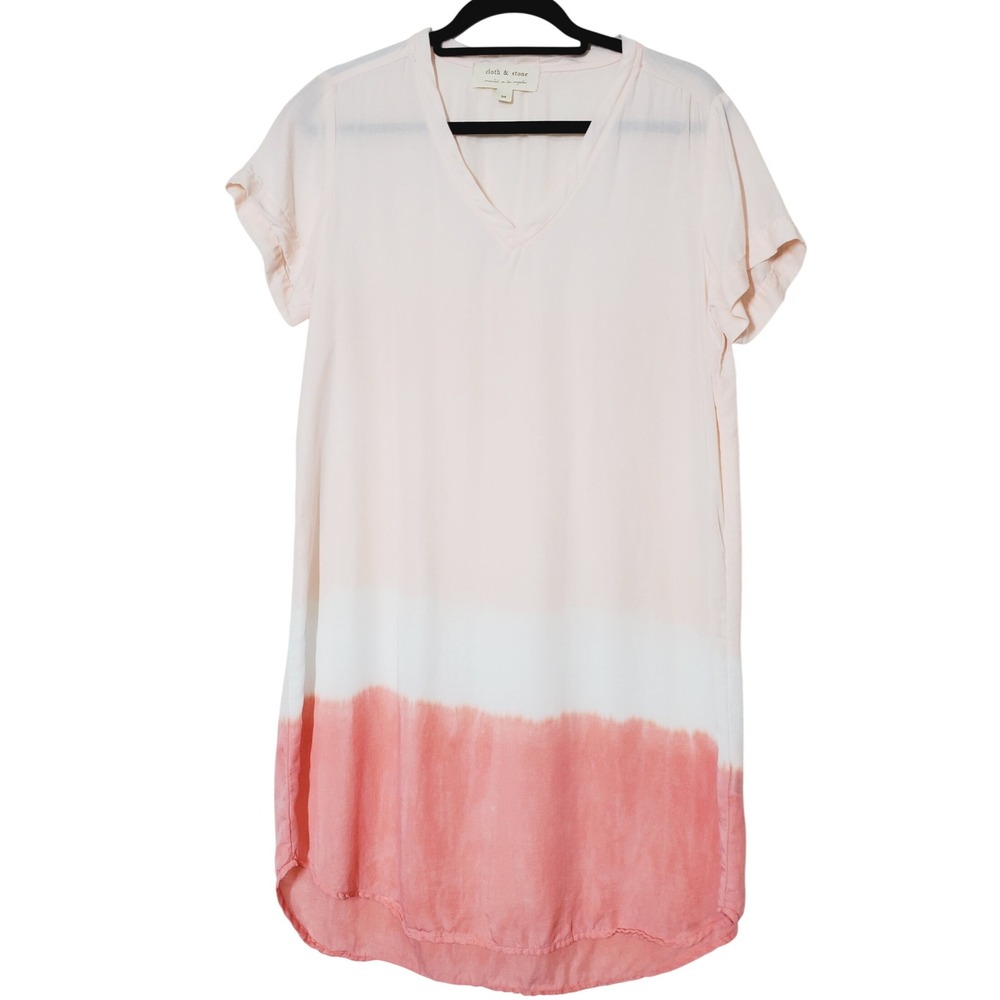 Cloth & Stone Ombre Dip Dye V-Neck Shift Dress Pink White Coral Womens Medium‎